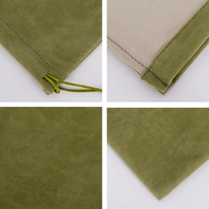 Detail view of olive green velvet drawstring pouch showing texture and stitch stitching