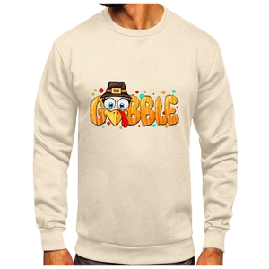 Men's light beige fleece hoodie featuring cartoon turkey print and Gobble text graphic