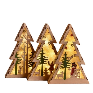 Three-piece glowing wooden Christmas tree ornaments with reindeer and warm LED lights