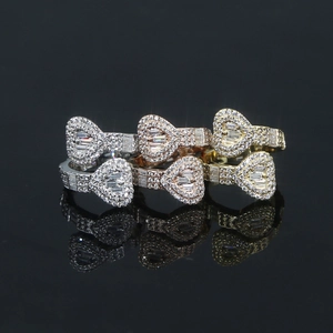 Bypass Open Heart Ring Copper Cubic Zirconia Baguette Round Cut Micro Pave Adjustable Fashion Hip Hop Jewelry For Women