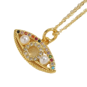 Gold Evil Eye pendant necklace with white pearls and multicolor zircon on white background