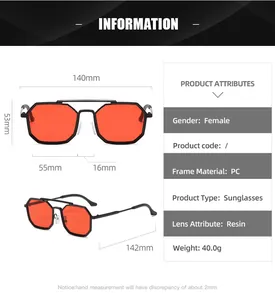 Detailed size chart for steampunk metal sunglasses featuring dimensions and frame specs