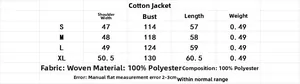 Detailed size chart for hooded vest jacket with measurements in centimeters