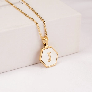 Titanium steel 18K gold hexagon pendant necklace with shell inlay and letter J detail