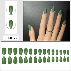Glossy olive green short almond press-on nails 30-piece set with a smooth finish