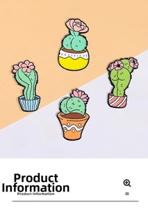 Set of four cute cartoon cactus enamel pins with funny buttocks shape and colorful pots