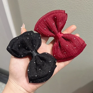 Set of two mesh bow hair clips in black and wine red with silver glitter dots