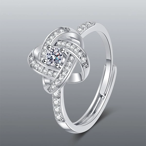 Exquisite silver floral open ring with shimmering micro-pave zircons and center stone