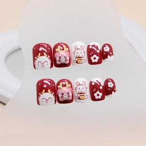 Burgundy Year of the Dragon press-on nails with 3D cute animal and flower designs