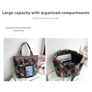 Detail view of tropical leaf canvas tote bag with wooden button and large inner storage