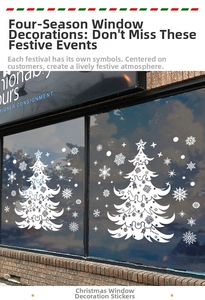 Detailed view of white Christmas tree window decals with snowflakes on shop glass