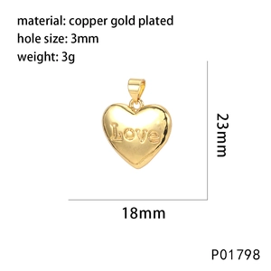 Detailed size specifications for heart-shaped copper gold plated pendant with Love engraving
