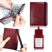Detail view of burgundy PU leather passport holder with card slots and elastic band