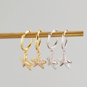 Elegant gold and silver S925 sterling silver starfish hoop earrings with shiny cubic zirconia