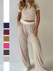 Haut Court À Manches Courtes Et Pantalon Large Pour Femmes Tricot Côtelé Détails Contrastés