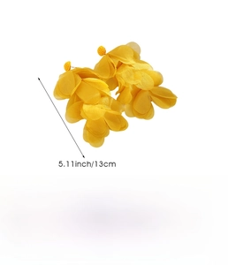 Detailed view of yellow fabric flower earrings showing 13cm size and 8.4g weight specifications