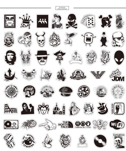 Selection of 60 black and white punk graffiti stickers with waterproof vinyl finish