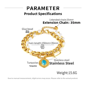 Detail view of gold stainless steel bracelet with white pearls and turquoise pendant