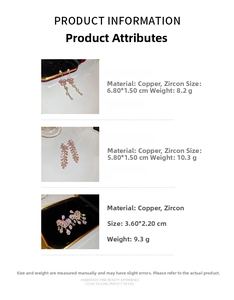 Detailed view of zircon heart and tassel earrings with sizes and technical specifications