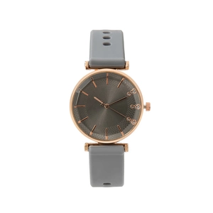 Women's quartz watch with rose gold case, grey brushed dial and silicone strap