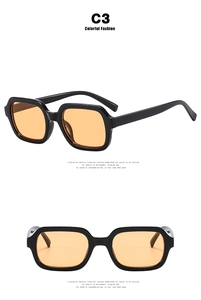 Detailansicht der quadratischen schwarzen Rahmen und orangen Gläser der C3 Sonnenbrille