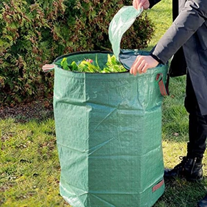 Green 300L garden waste bag with lid and handles for leaves and plant waste collection