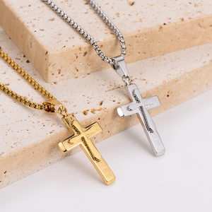Cross Pendant Necklace 18K Gold Plated 304 Stainless Steel Engraved Pattern Geometric Line Jewelry For Men Women