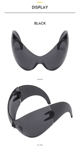 Front and side view of Y2K futuristic wrap around shield sunglasses in black