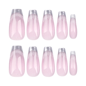 French tip coffin fake nails with pink glitter base and silver chrome mirror finish