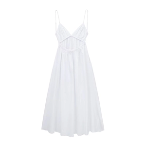 White trench-style midi dress with spaghetti straps and waist cut-out detailing