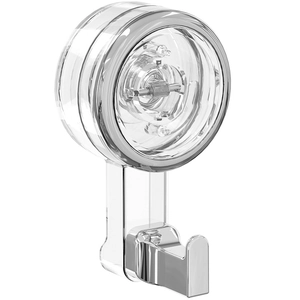Strong vacuum suction cup hook in transparent plastic with a sleek silver metal hook