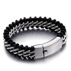 Men's braided black leather and steel chain bracelet with a polished metal clasp
