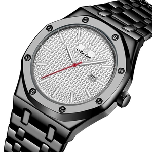 Men Fashion Quartz Watch Octagonal Bezel Waffle Dial Calendar Waterproof Business Alloy Metal Link Strap Sport Wristwatch