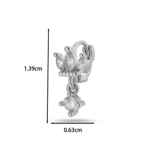 Detailed view of a silver crown earring with cubic zirconia and 1.39cm size dimensions