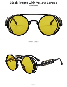 Detail view of steampunk round sunglasses with black frames, yellow lenses and metal springs