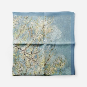 Detail view of square silk scarf featuring Van Gogh Almond Blossoms oil painting pattern
