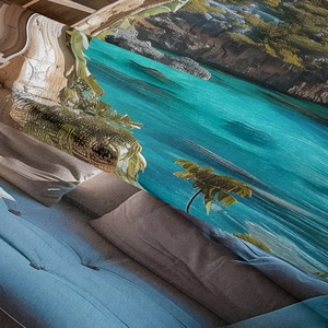 Close-up of tropical ocean print on fabric showing fine texture and vivid details