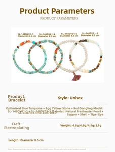 Detail view of turquoise and pearl bracelet set showing technical specs and stone types