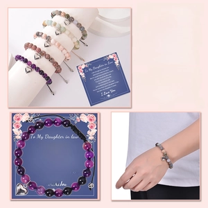 Bracelet tressé en pierre zèbre rose avec pendentif cœur et carte cadeau pour fille