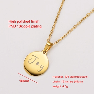 Detail of 18k gold plated stainless steel round pendant with Joy engraving and specs