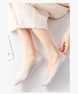 Close-up of thin grey ice silk no-show socks on foot with anti-slip silicone detail