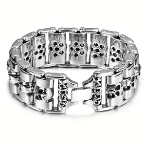 Mens punk skull stainless steel bracelet with magnetic therapy beads on white background