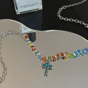 Titanium Steel Cross Necklace With Blue Heart Rhinestone And Colorful Stone Patchwork Y2K Hip Hop Jewelry For Men Women