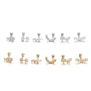 Set of 6 stainless steel cartilage earrings with cubic zirconia in gold and silver plating