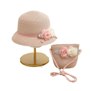 Pink straw sun hat and matching flower bag set for girls, perfect for summer outdoor activities