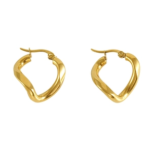 Minimalist golden geometric twisted heart earrings on a clean white background