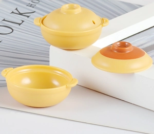 Miniature bright yellow clay pot model with lid and bowl for dollhouse kitchen decor