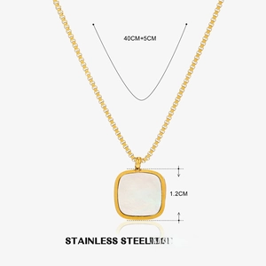 Detail of gold stainless steel necklace with 1.2cm square mother of pearl pendant and chain