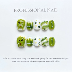 Handmade 3D snake press-on nails with green and white checkerboard and floral design