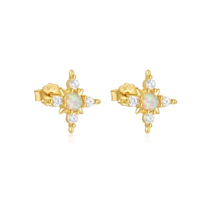 Detailed macro view of S925 silver opal stud earrings with cross star sunburst design